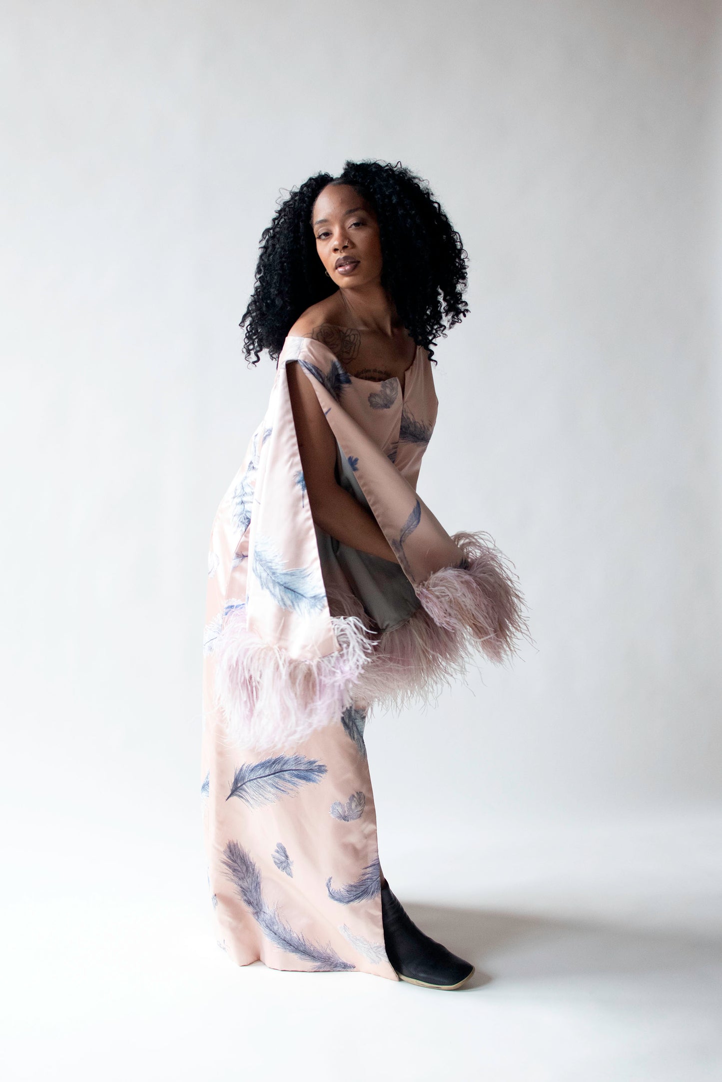 1960s Flocked Feather Gown w/ Feather Trim