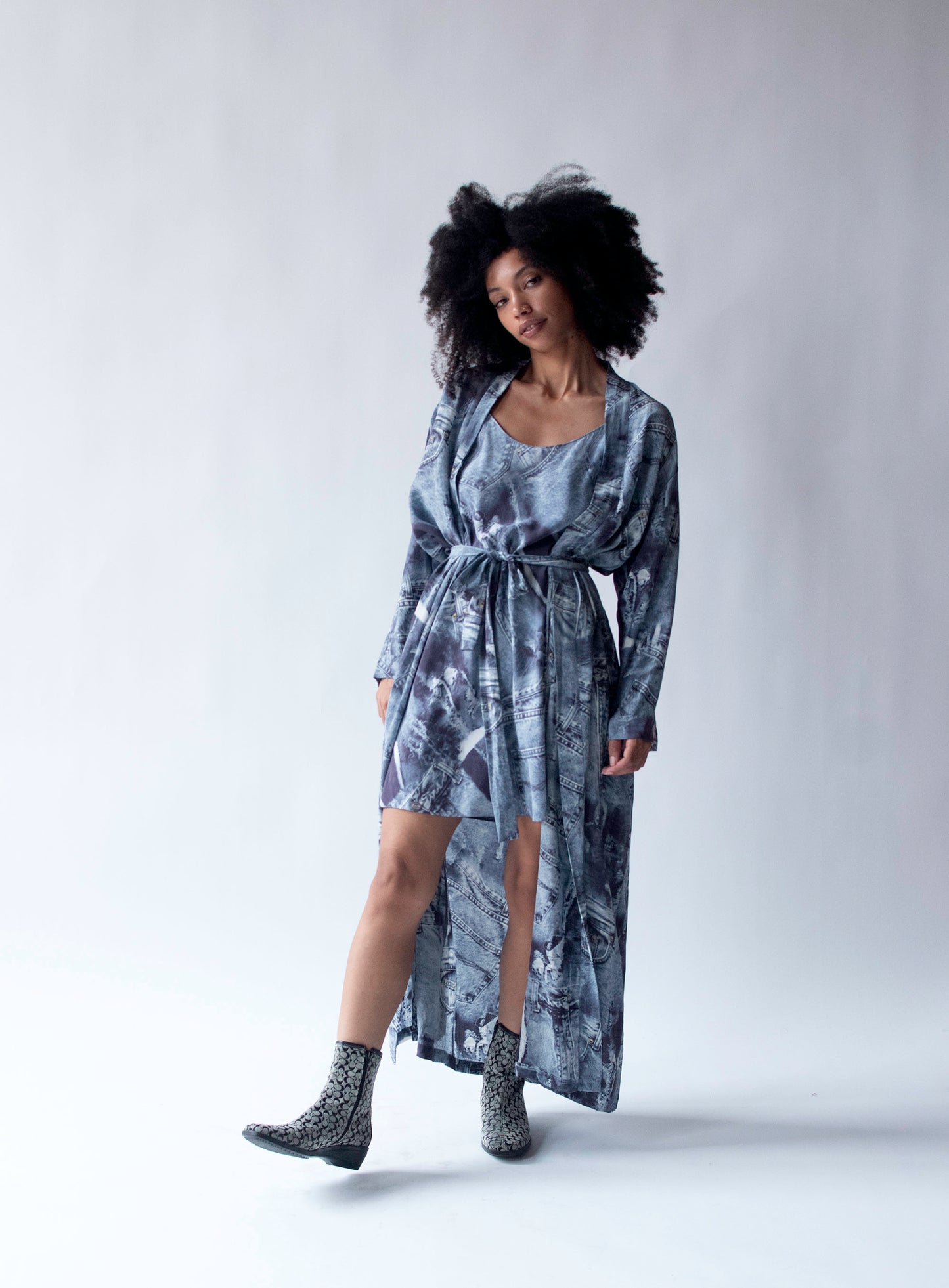 Denim Print Silk Lounge Set
