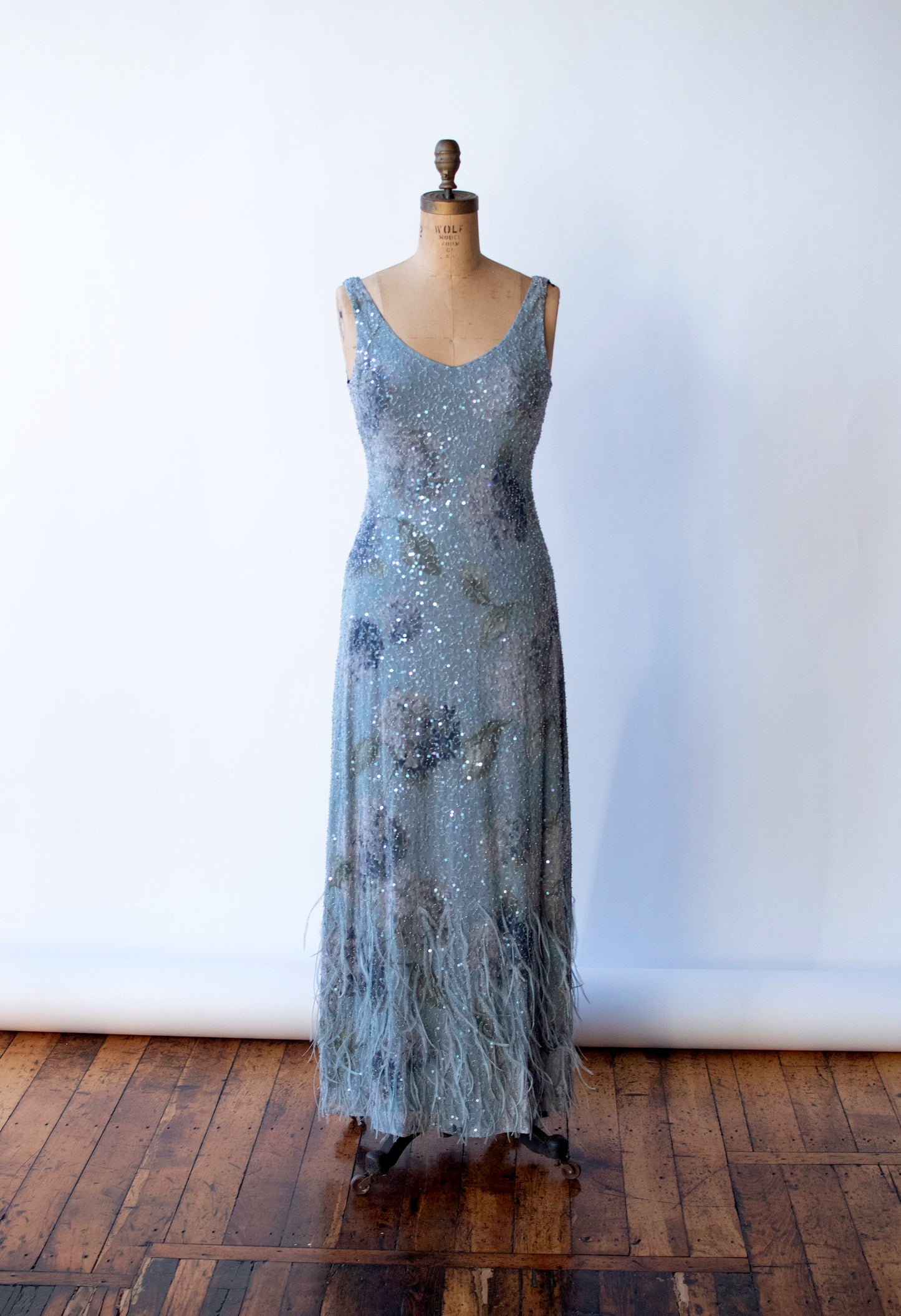 Pale Blue Feather Trim Dress | Rickie Freeman for T.J. Nights