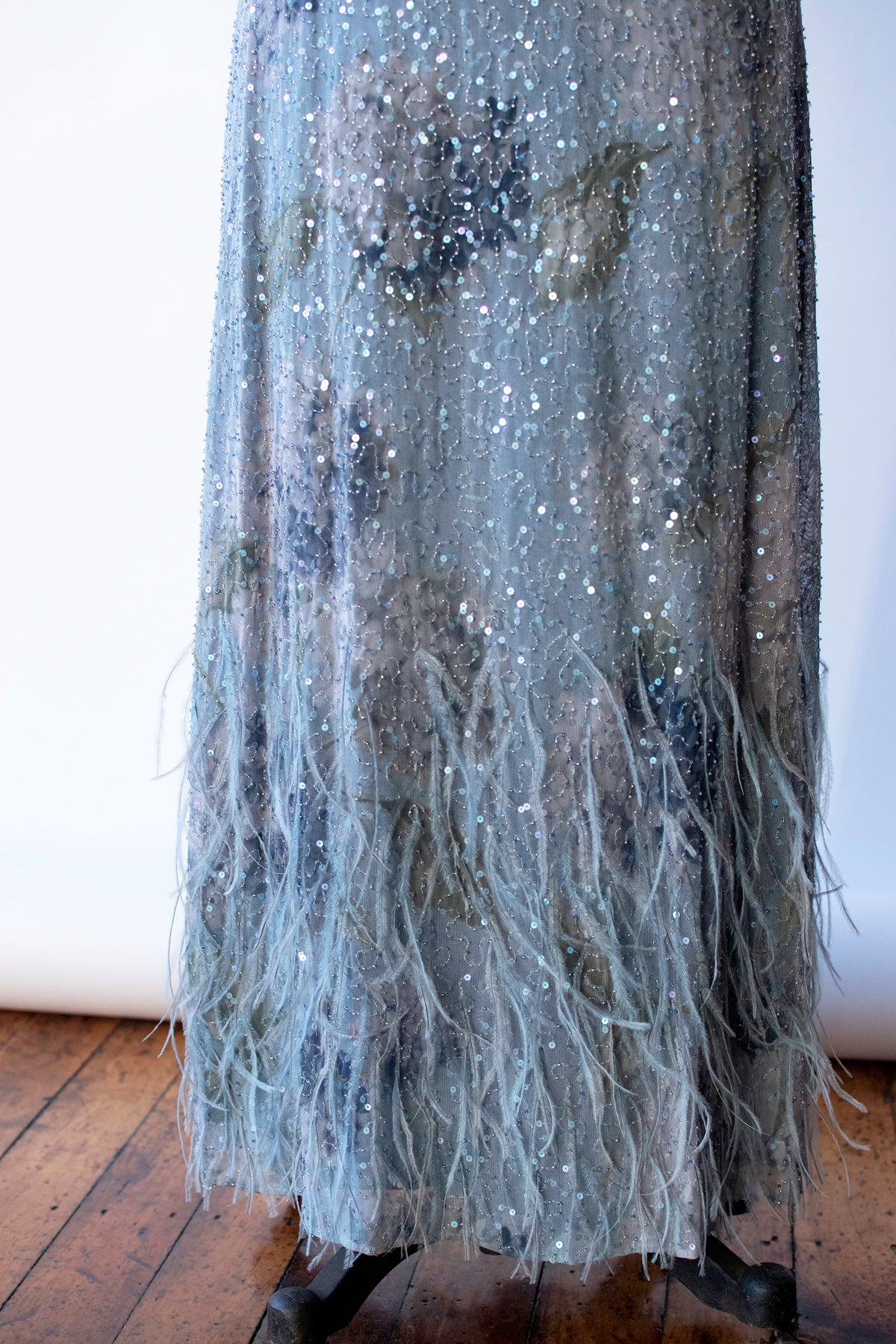 Pale Blue Feather Trim Dress | Rickie Freeman for T.J. Nights