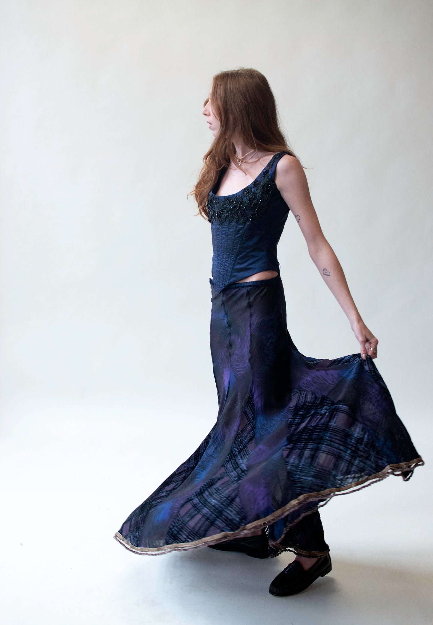 Peacock print skirt with Devore Velvet Gussets | Voyage Invest in the Origina
