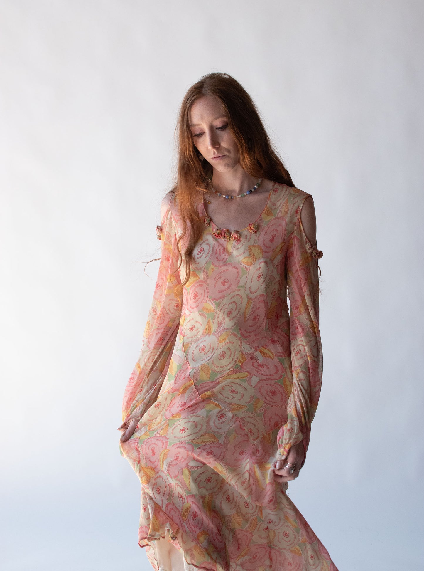 1930s Cold Shoulder Floral Print Dress
