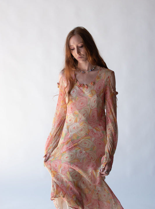 1930s Cold Shoulder Floral Print Dress