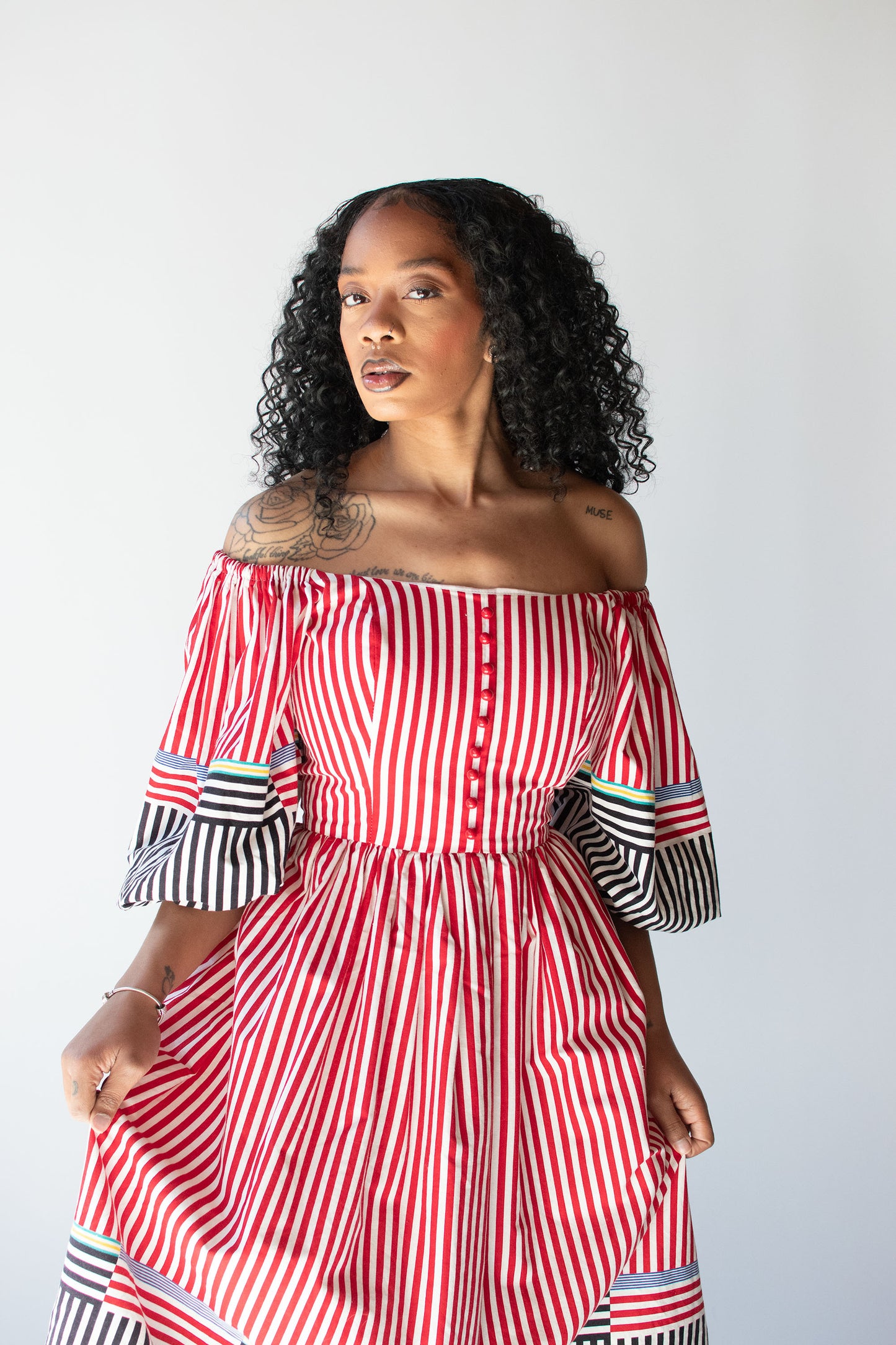 Striped Dress w/ Puff Sleeves | Victor Costa