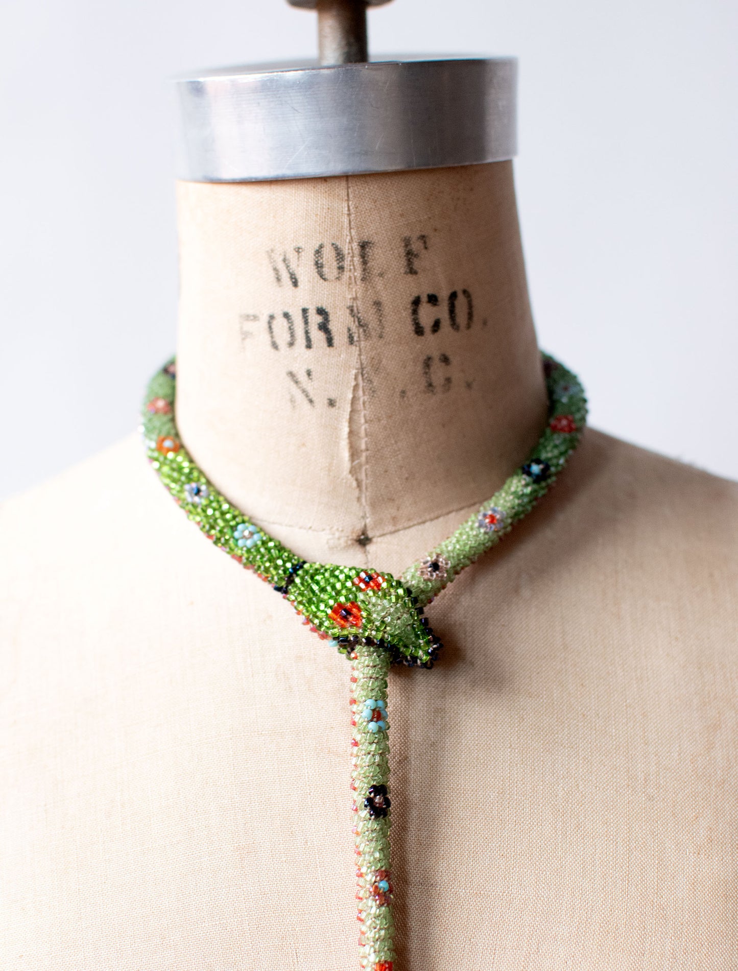 Bead Crochet Snake | Green W/ Multi Color Flowers