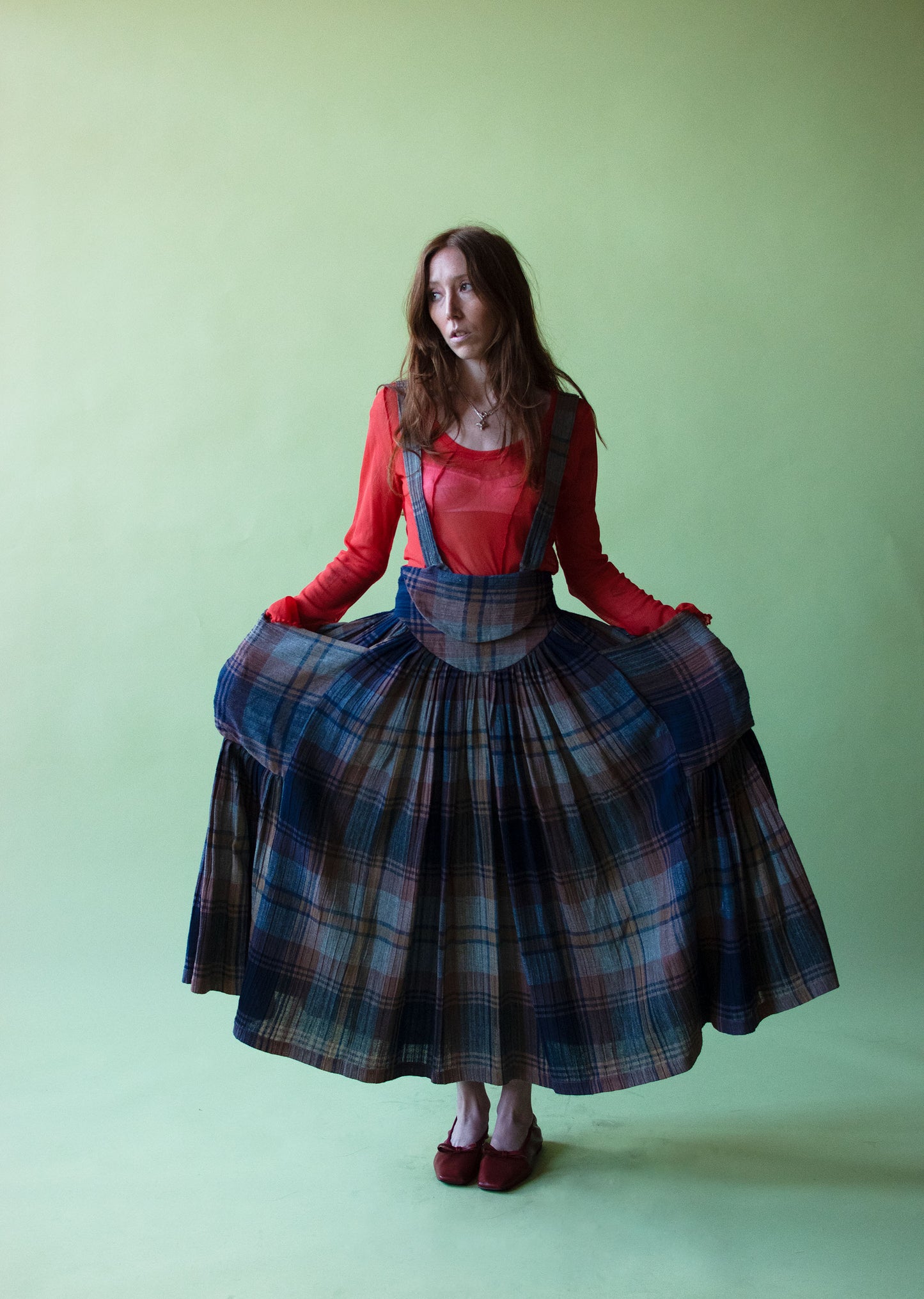 Blue Plaid Suspender Skirt | Norma Kamali
