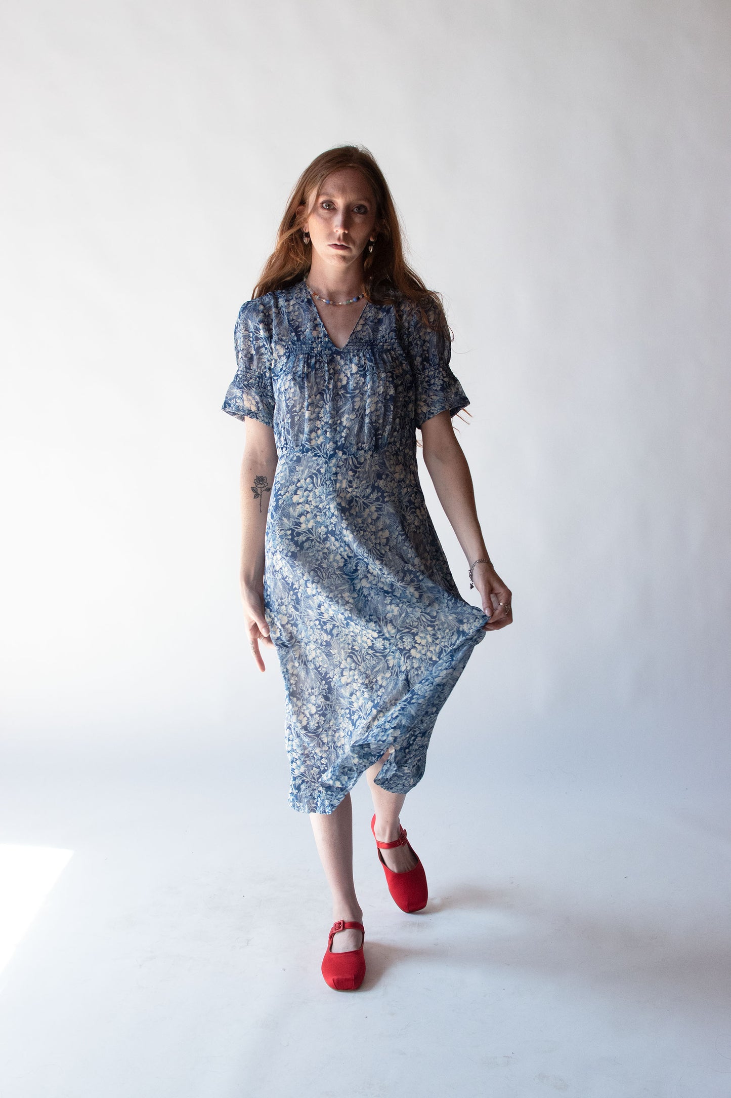 1930s Blue Floral Print Voile Dress