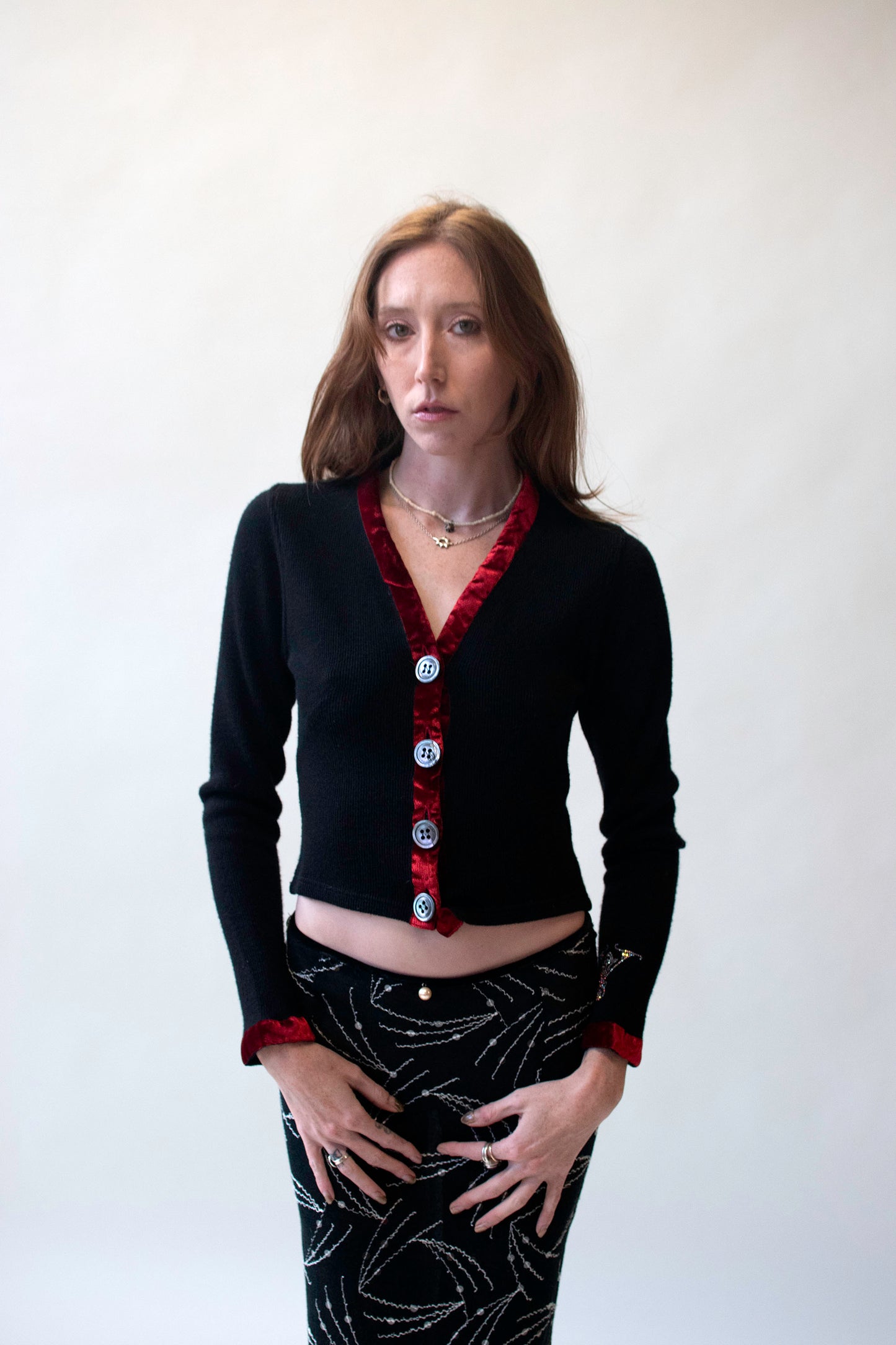 Black Cardigan W/ Velvet Trim | Voyage