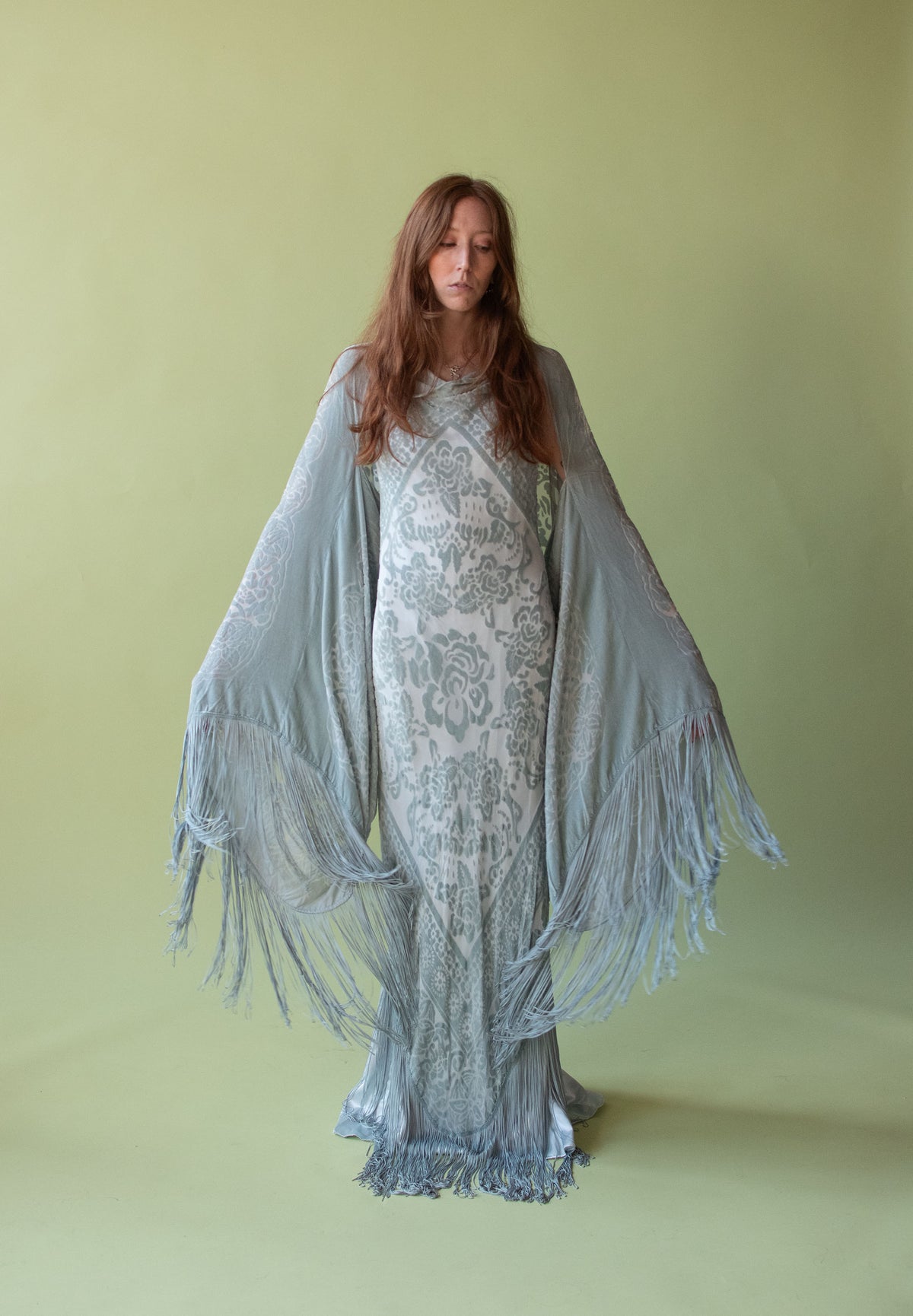 Seafoam Devore Gown W/ Fringe | Bellville Sassoon