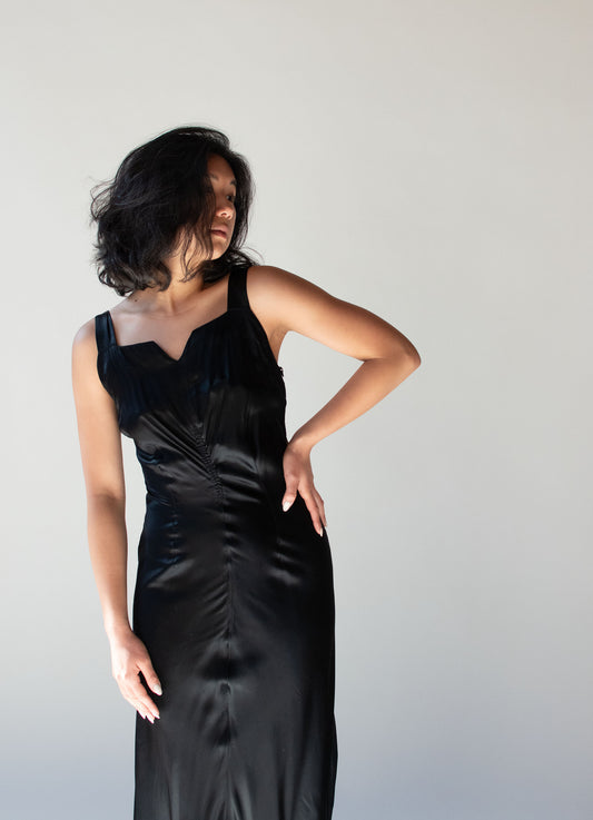 1930s Black Satin Gown with Trapunto applique