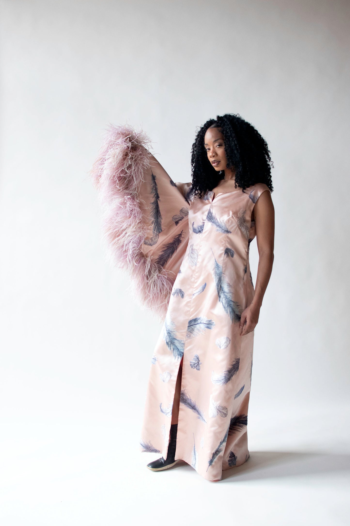 1960s Flocked Feather Gown w/ Feather Trim