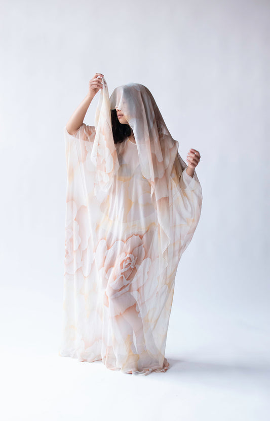 1970s Rose Print Chiffon Caftan
