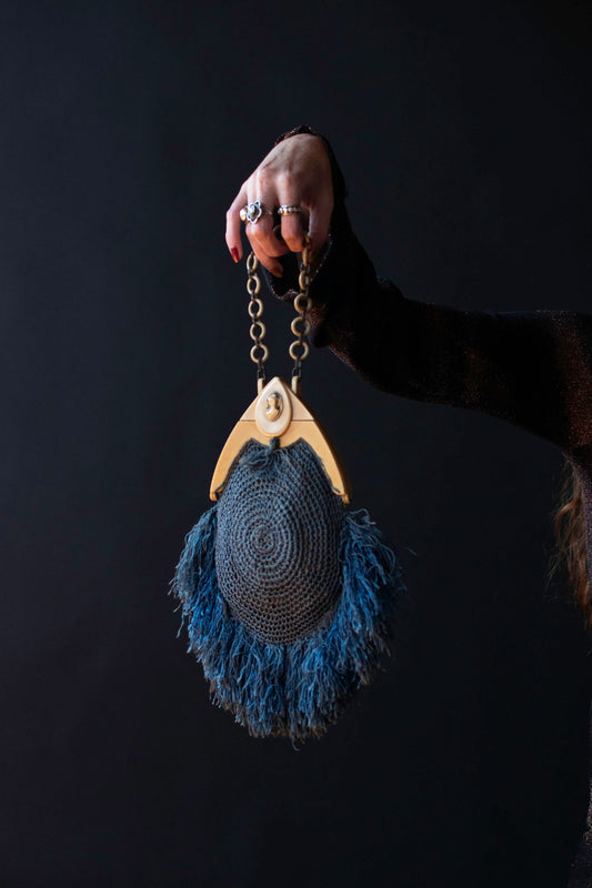 1920s Blue Crochet Fringed Bag