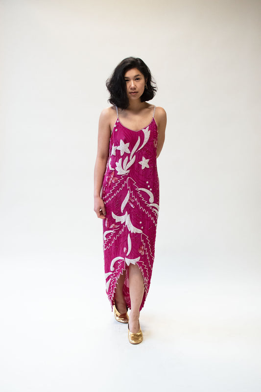 1980s Magenta Beaded Gown