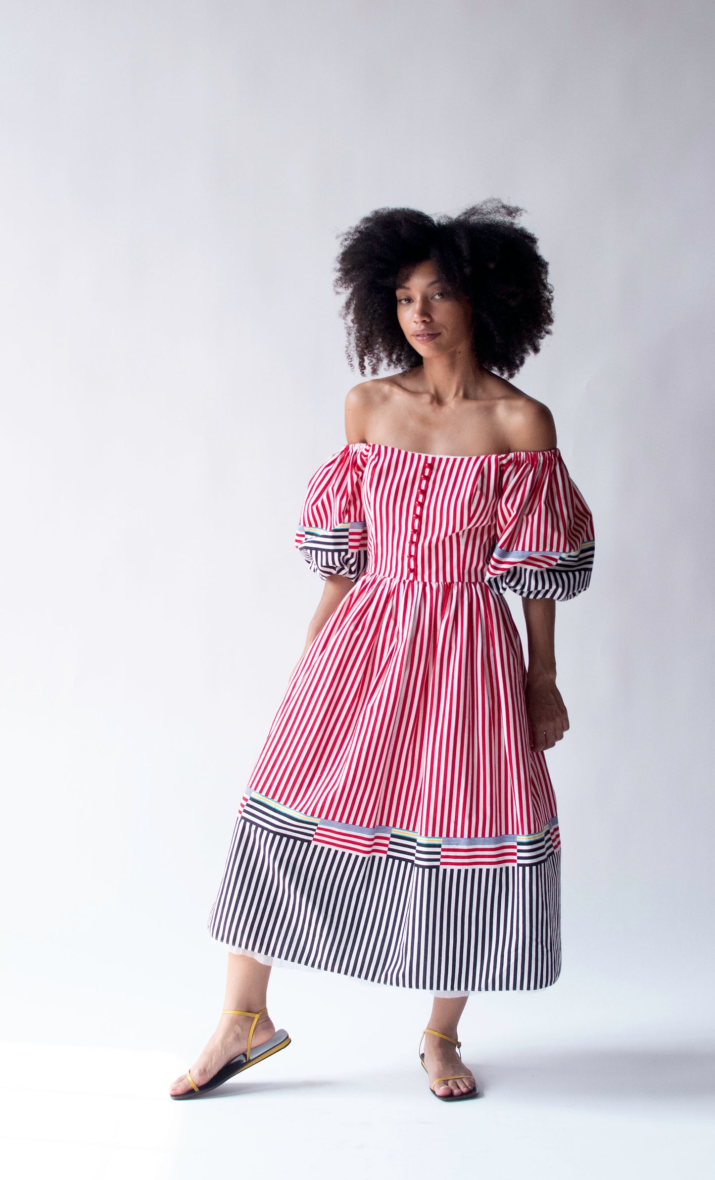 1980s Striped Puff Sleeve Dress | Victor Costa