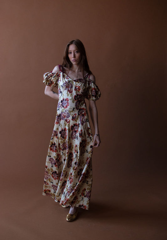 1930s Floral Print Taffeta Dress