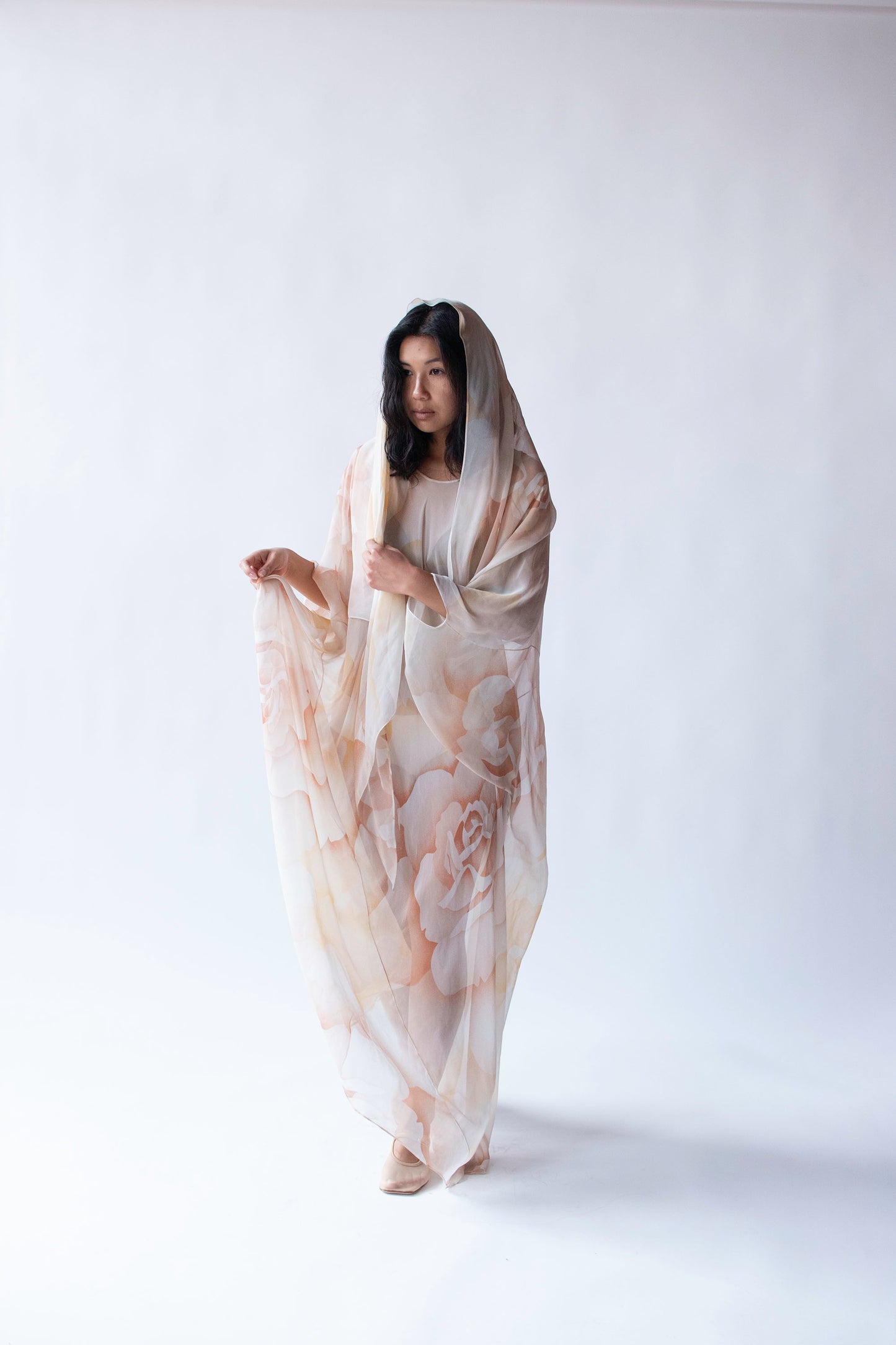 1970s Rose Print Chiffon Caftan