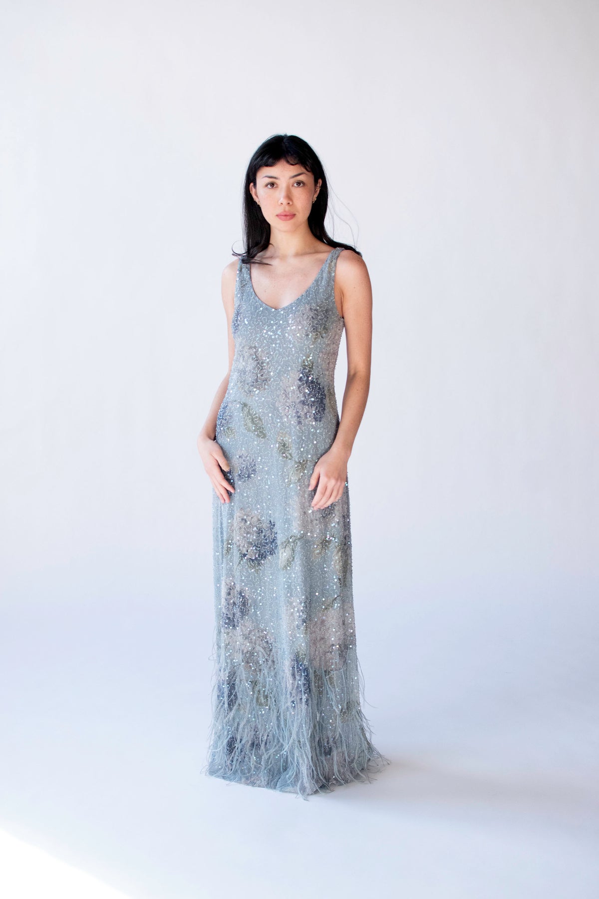 Pale Blue Feather Trim Dress | Rickie Freeman for T.J. Nights