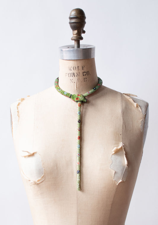 Bead Crochet Snake | Green W/ Multi Color Flowers