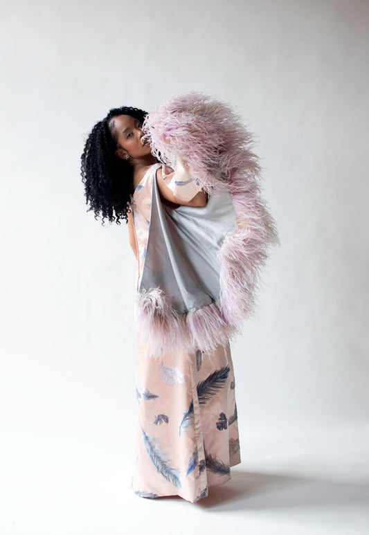 1960s Flocked Feather Gown w/ Feather Trim