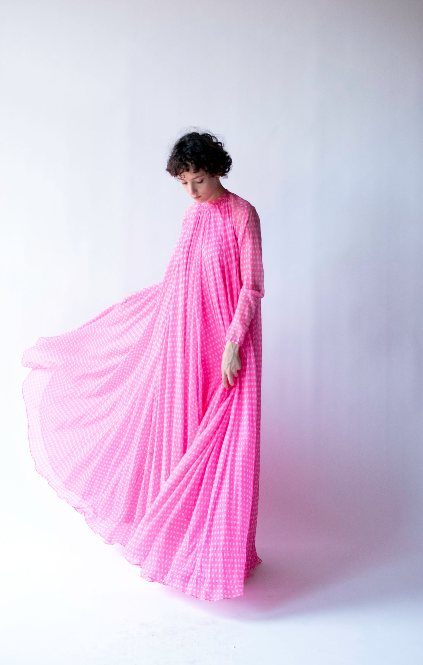 1970s Pink Polka Dot Chiffon Dress | Geoffrey Beene