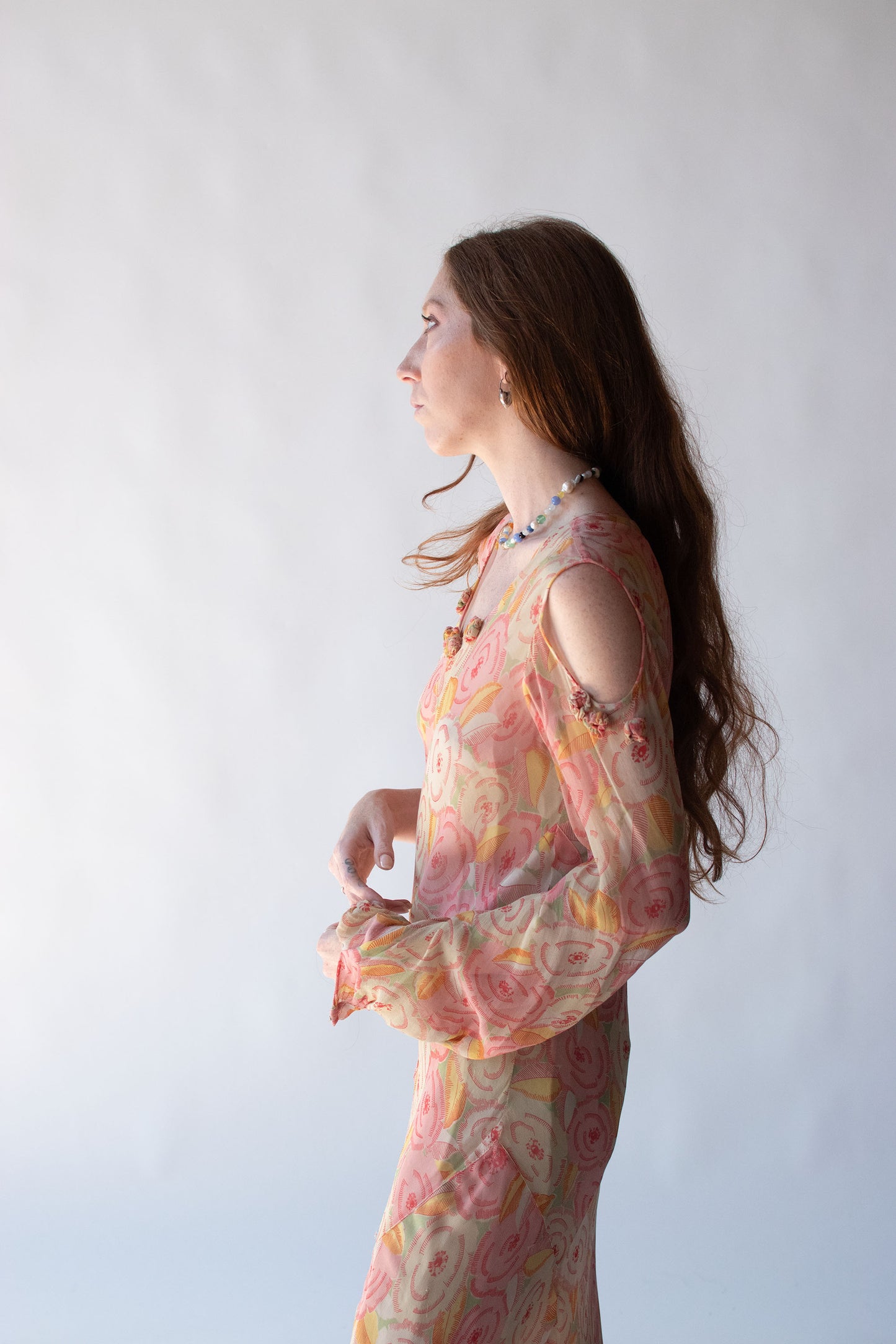 1930s Cold Shoulder Floral Print Dress