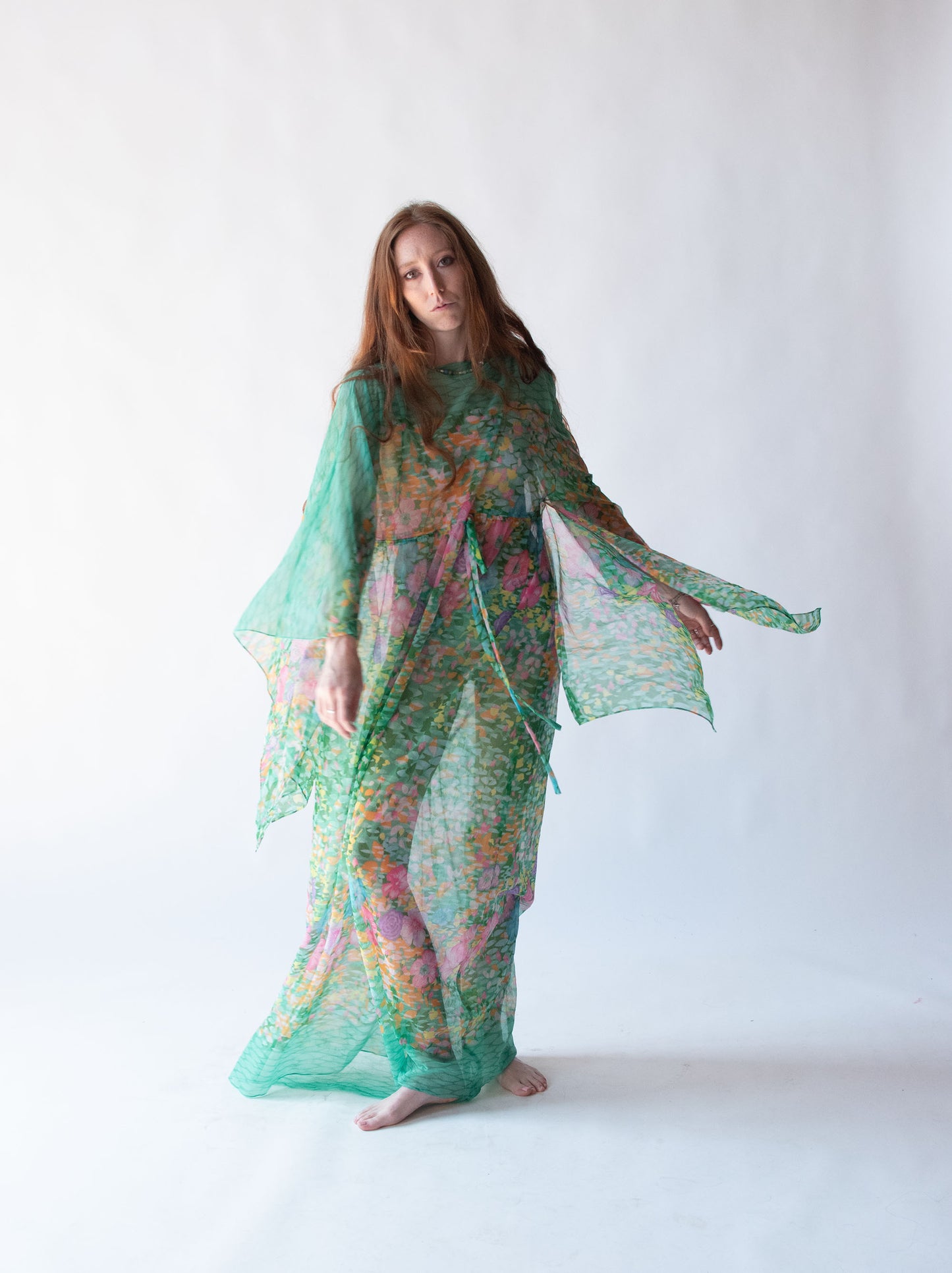 1970s Sheer Floral Print Caftan