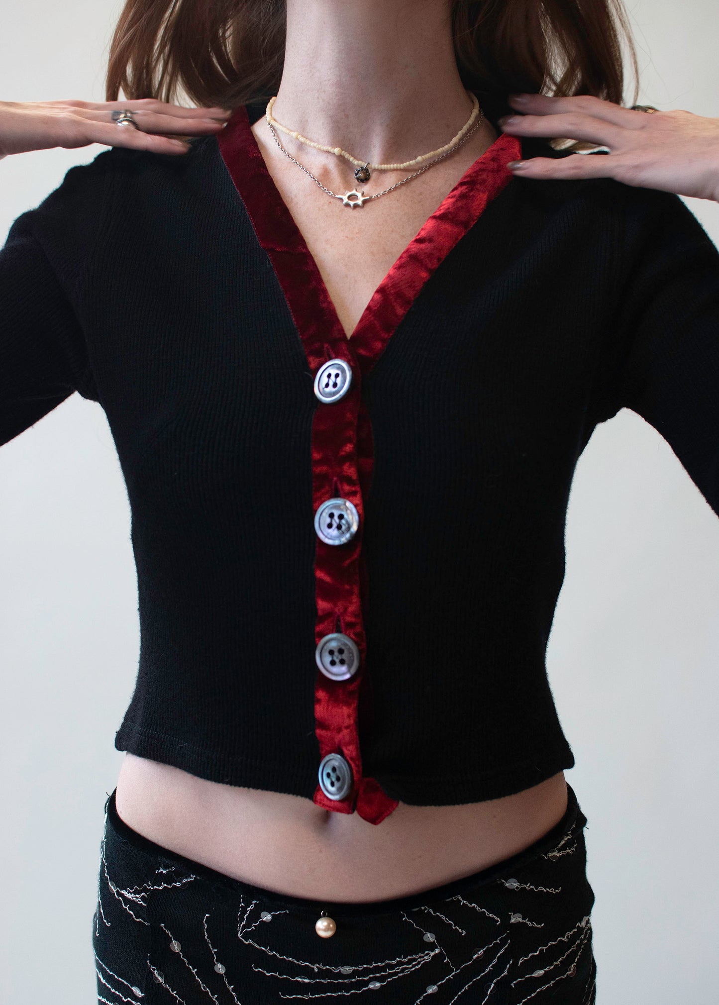 Black Cardigan W/ Velvet Trim | Voyage