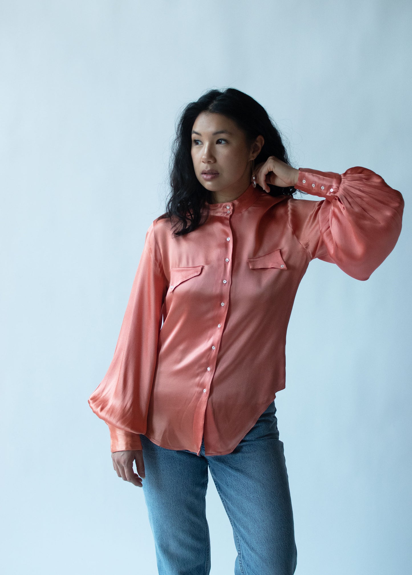 1950s Salmon Bishop Sleeve Blouse