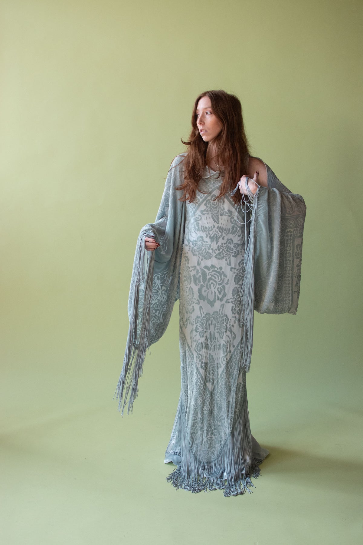 Seafoam Devore Gown W/ Fringe | Bellville Sassoon