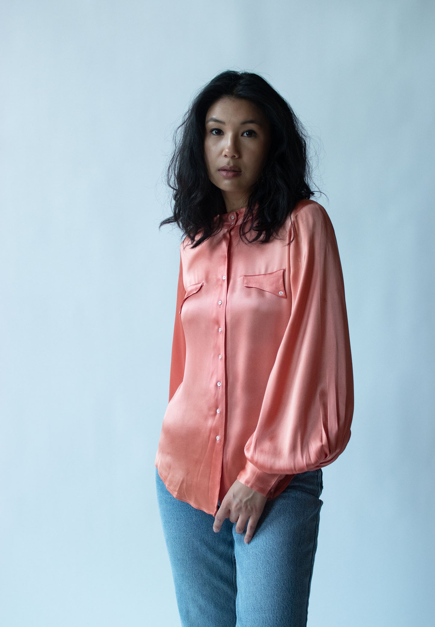 1950s Salmon Bishop Sleeve Blouse