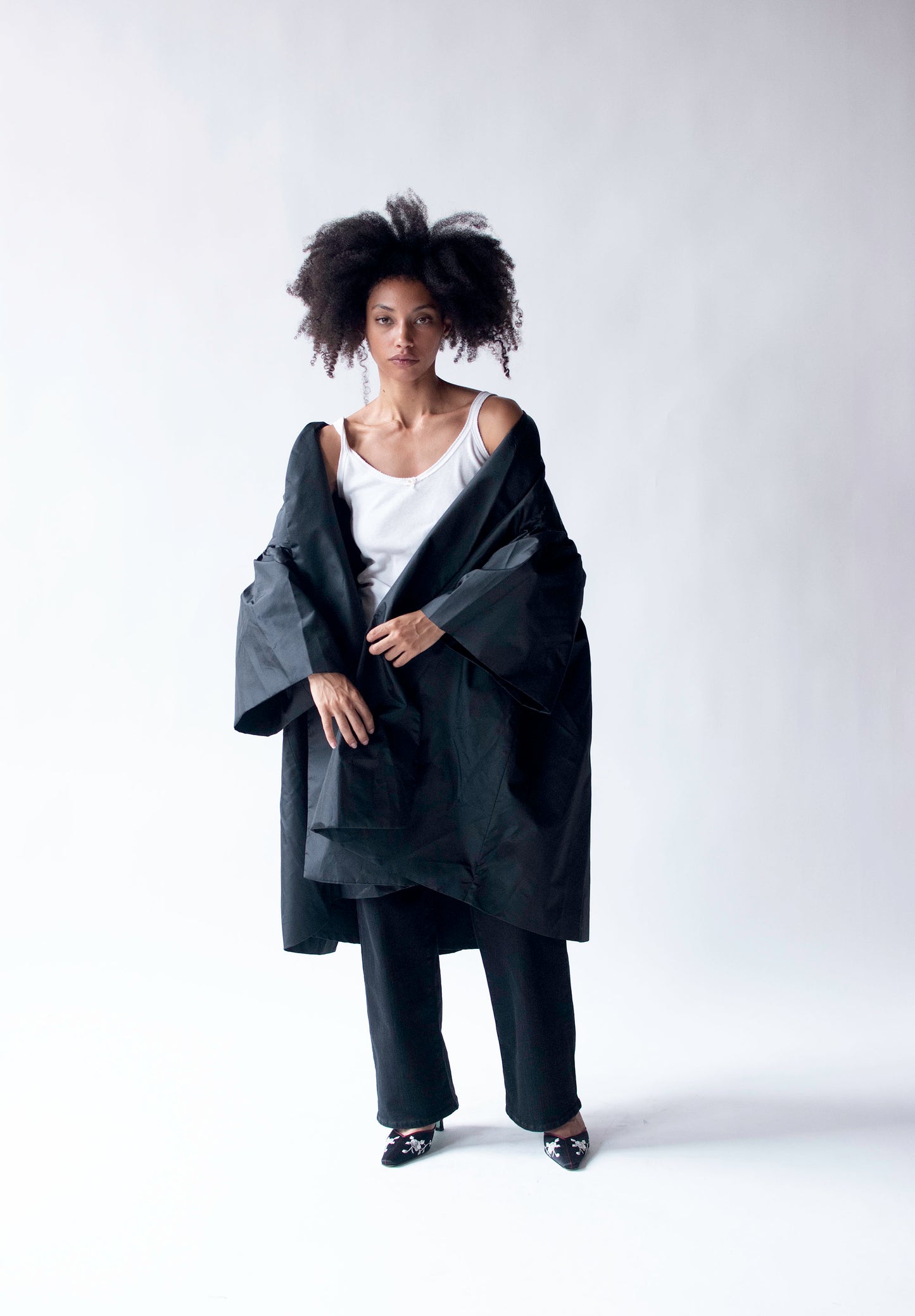 Voluminous Black Taffeta Coat | Victor Costa