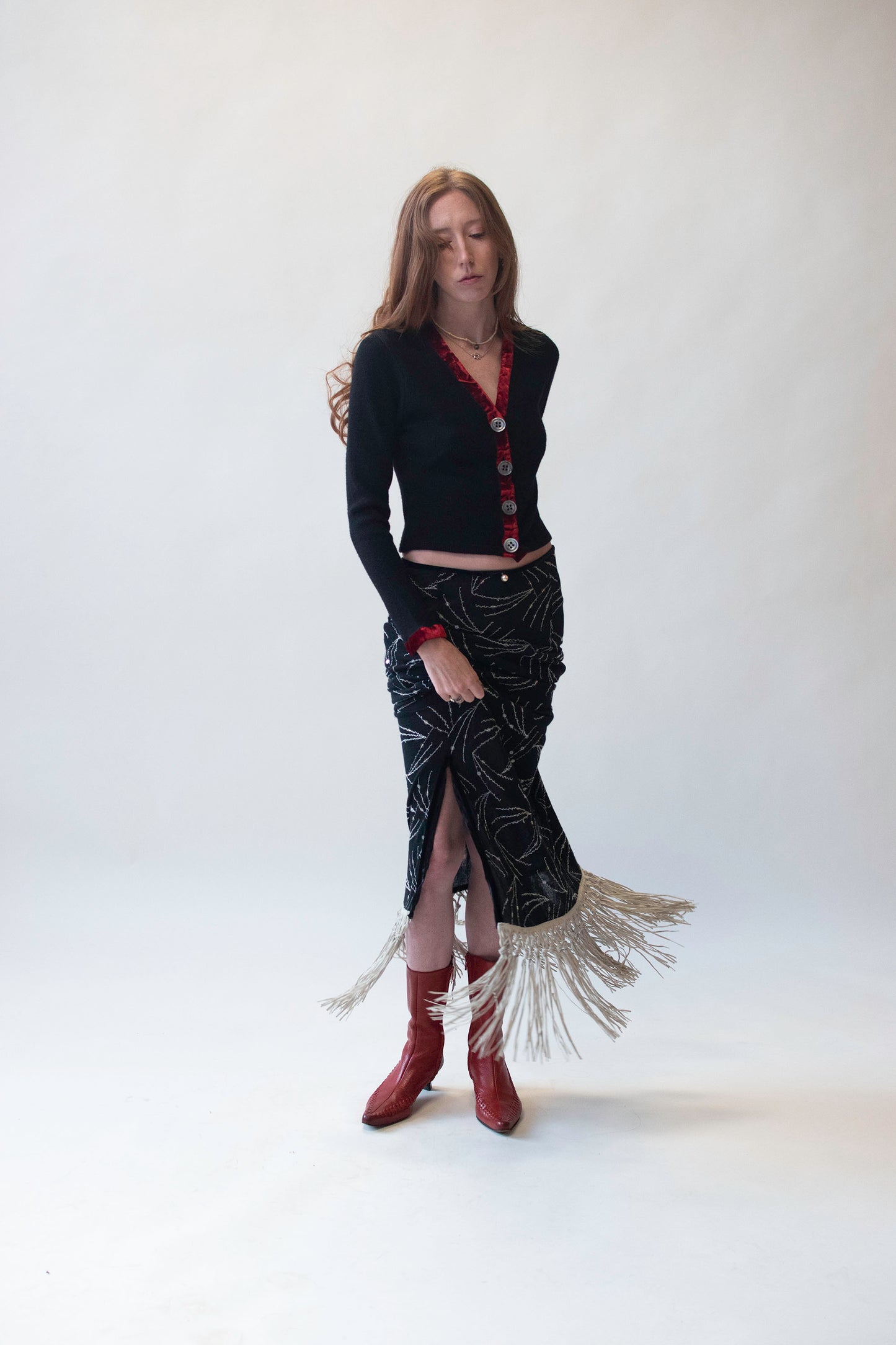 Black Knit Skirt w/ sequins and fringe | Voyage Invest in the Original