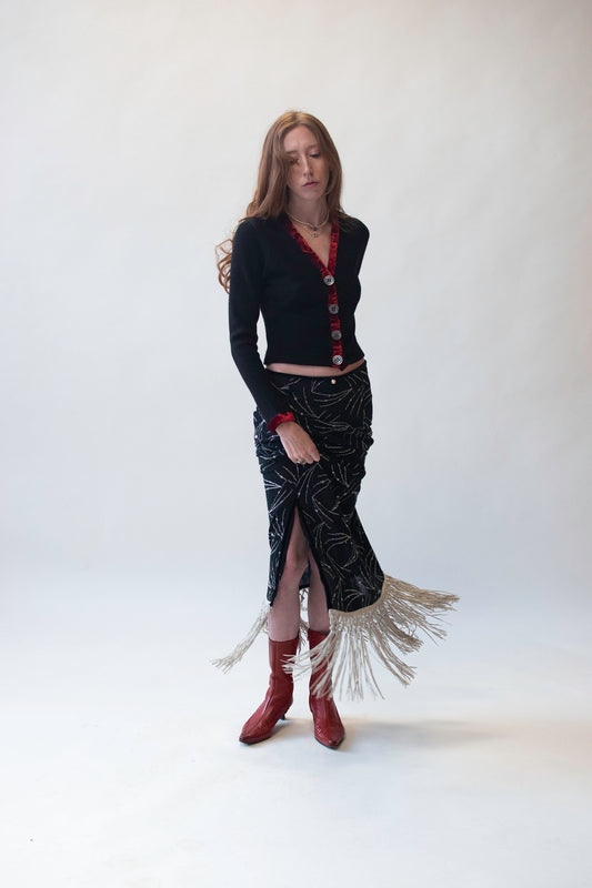 Black Knit Skirt w/ sequins and fringe | Voyage Invest in the Original