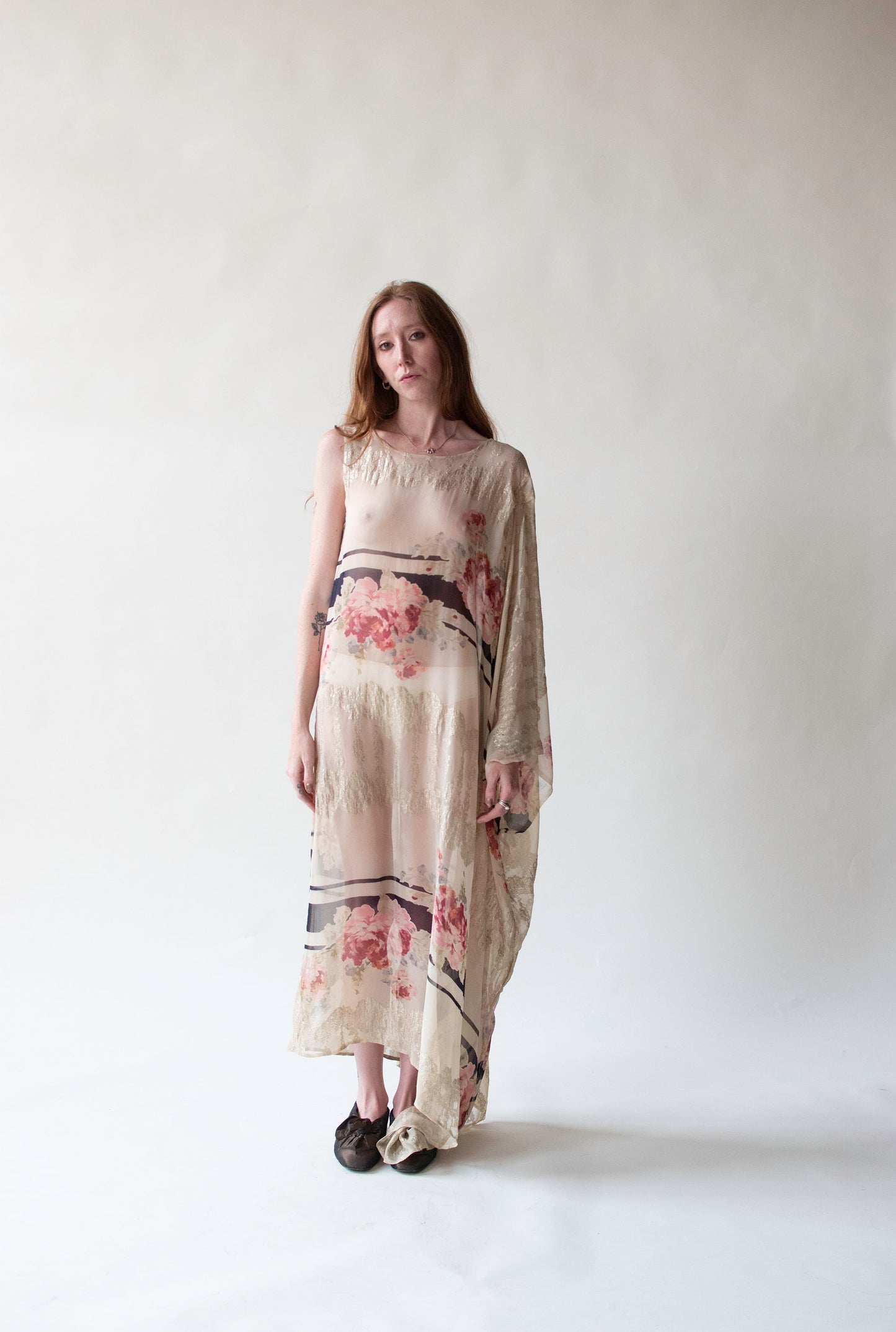 One Shoulder Chiffon & Lamé Caftan