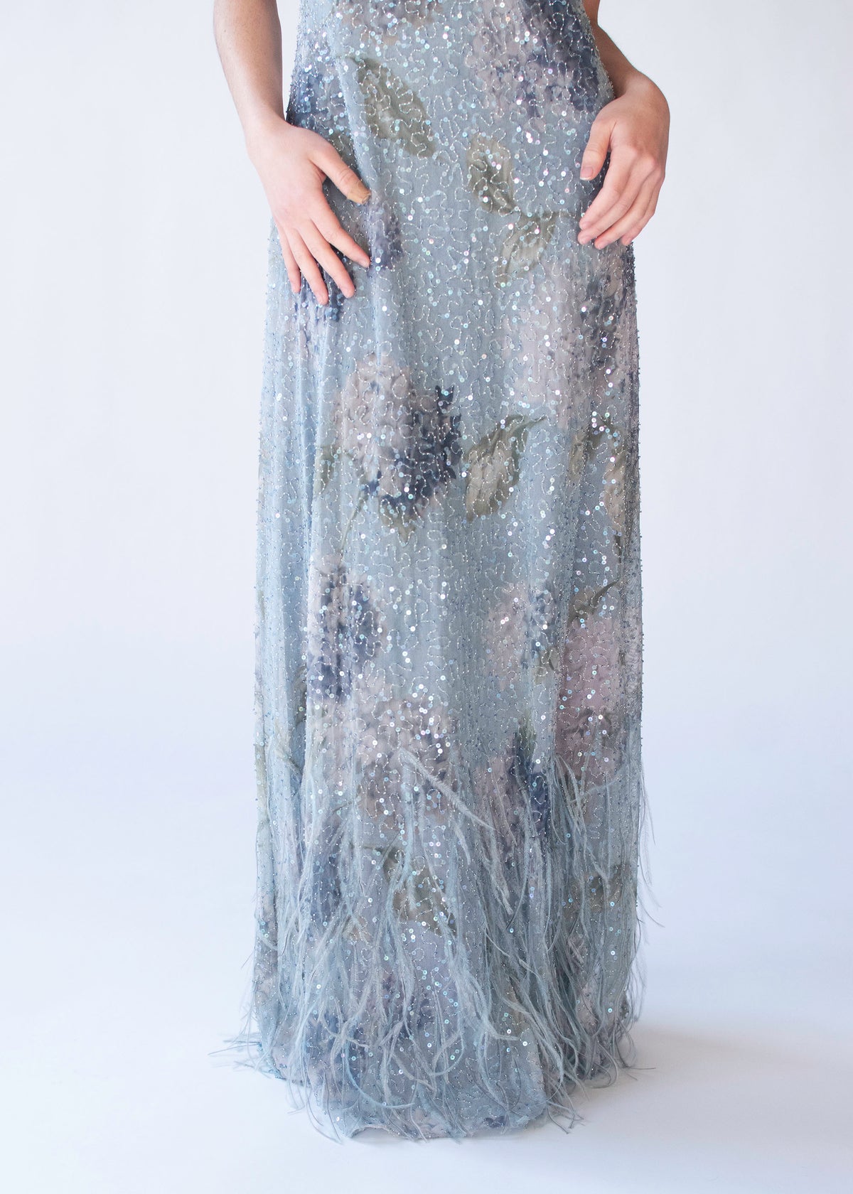 Pale Blue Feather Trim Dress | Rickie Freeman for T.J. Nights