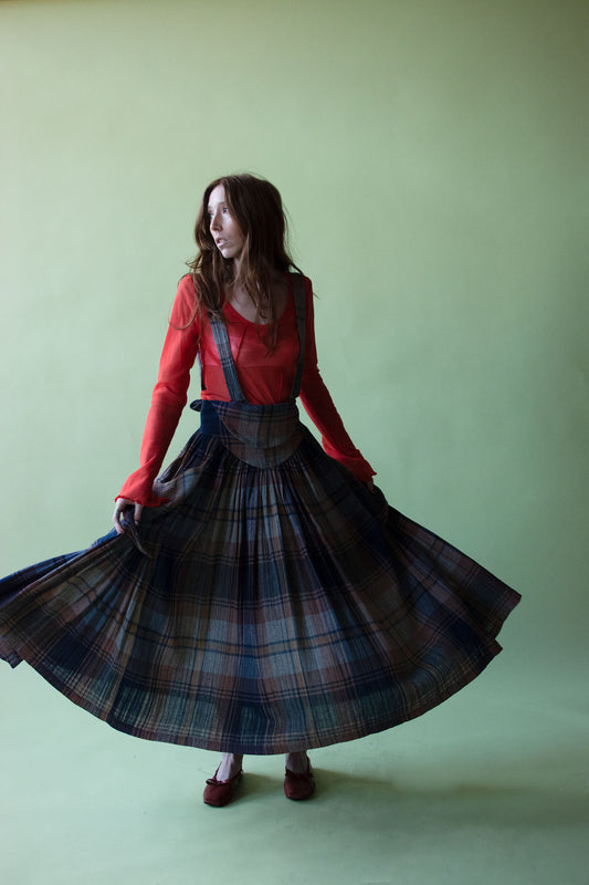 Blue Plaid Suspender Skirt | Norma Kamali