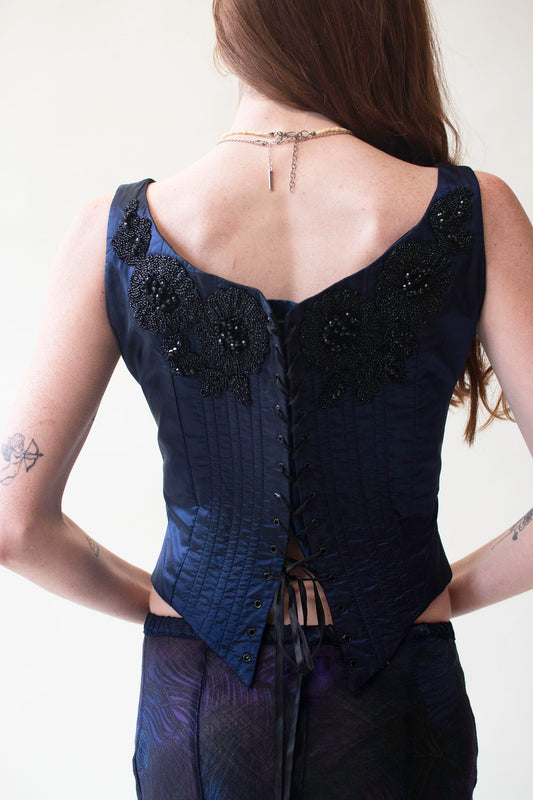 Blue Silk Corset Top With Beading | Eavis & Brown