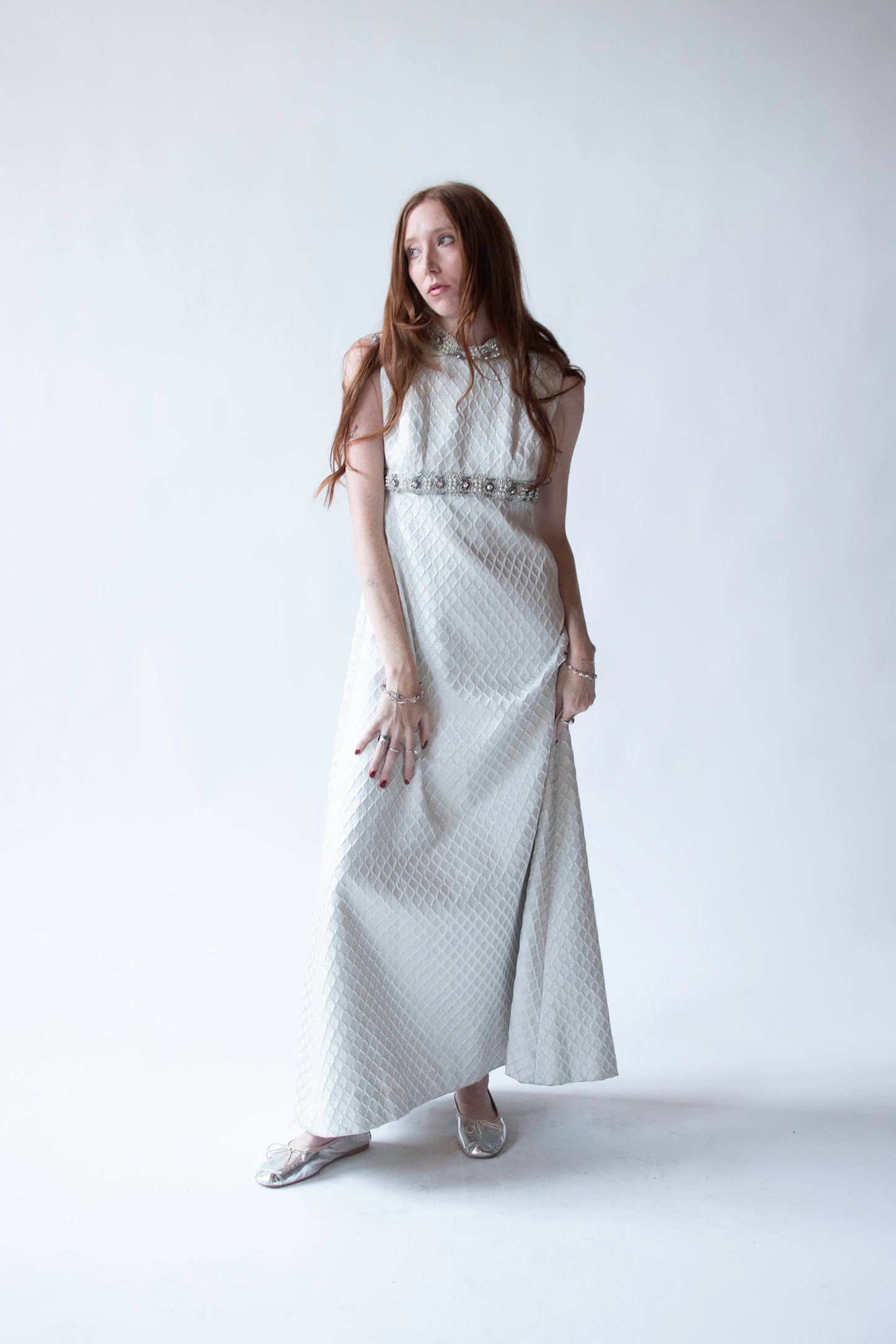 1960s SIlver Brocade Gown