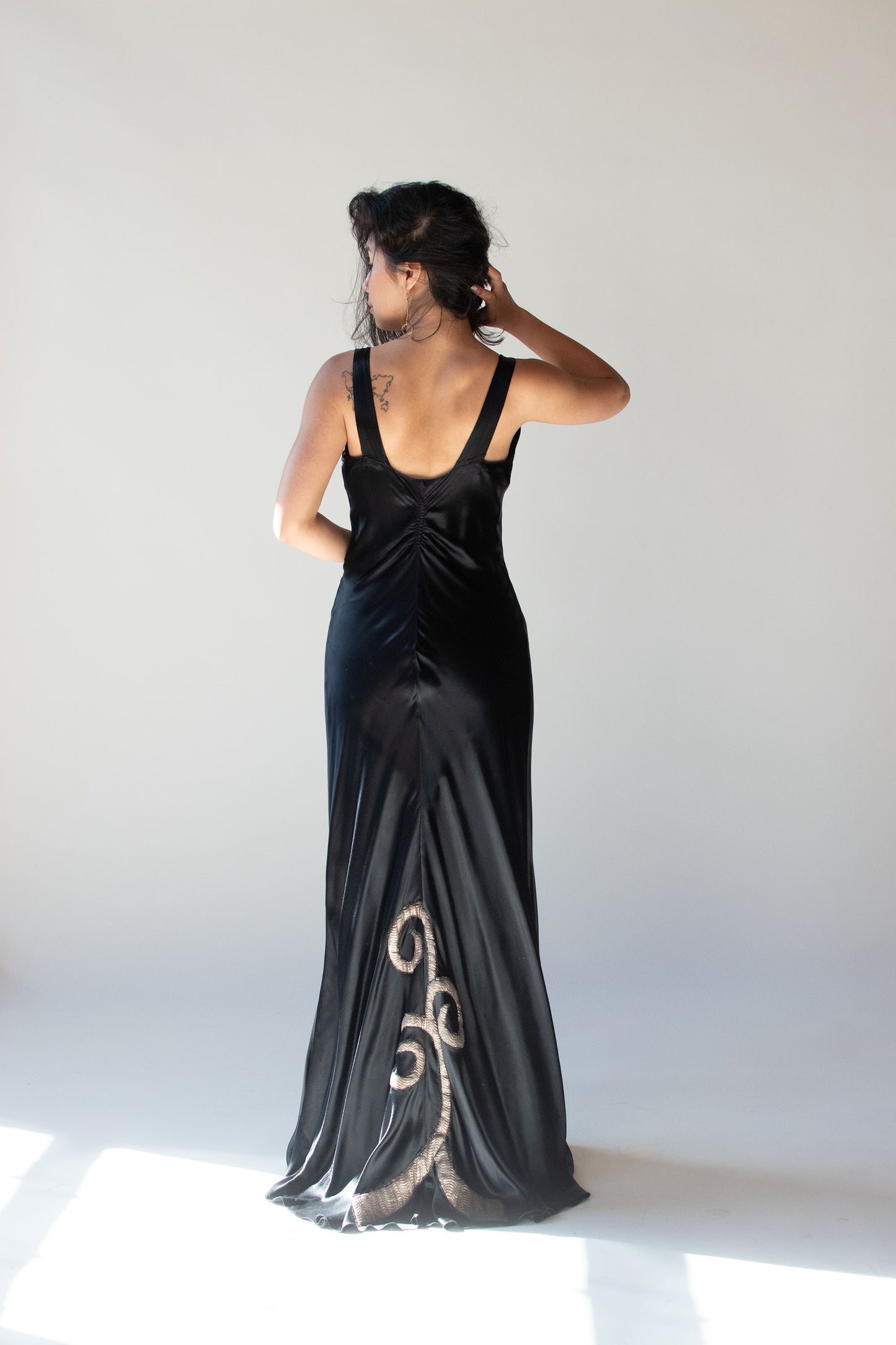 1930s Black Satin Gown with Trapunto applique