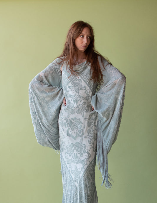 Seafoam Devore Gown W/ Fringe | Bellville Sassoon