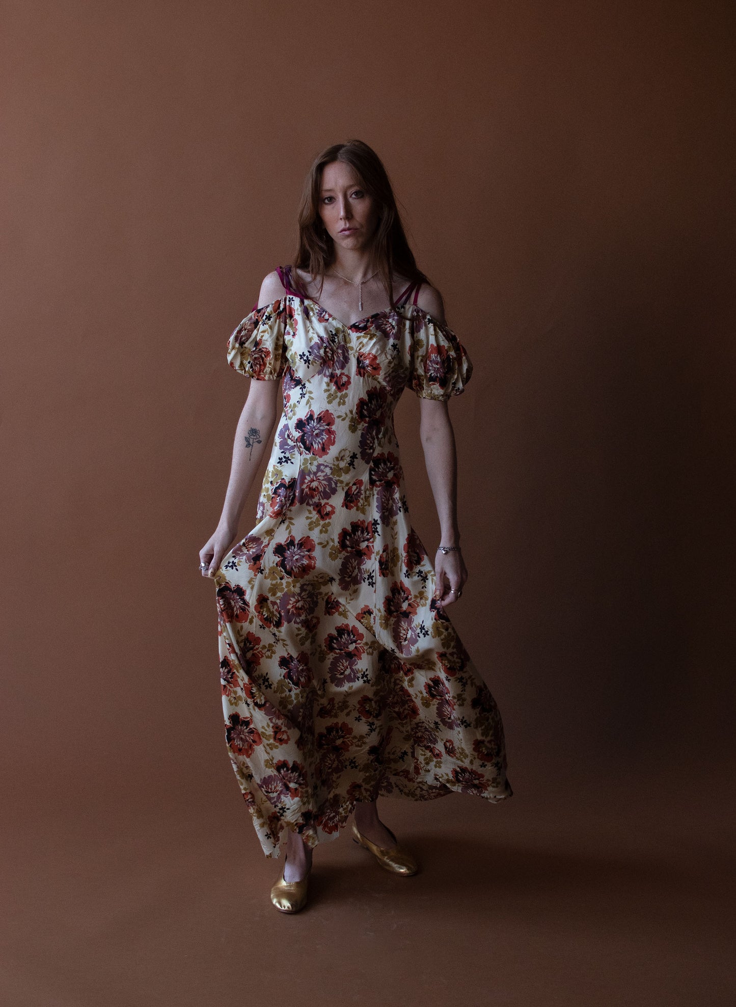 1930s Floral Print Taffeta Dress