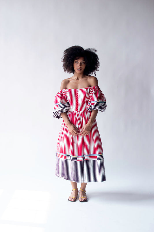 1980s Striped Puff Sleeve Dress | Victor Costa