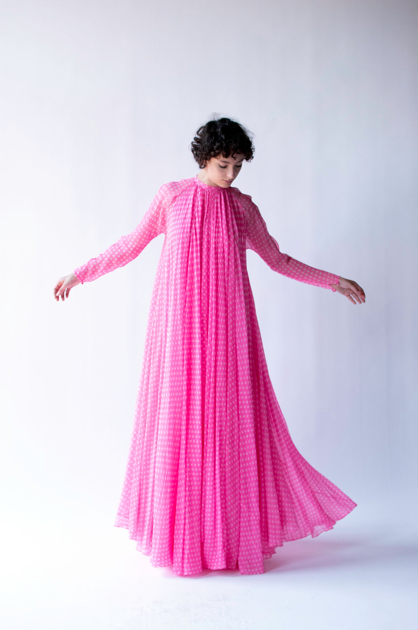 1970s Pink Polka Dot Chiffon Dress | Geoffrey Beene