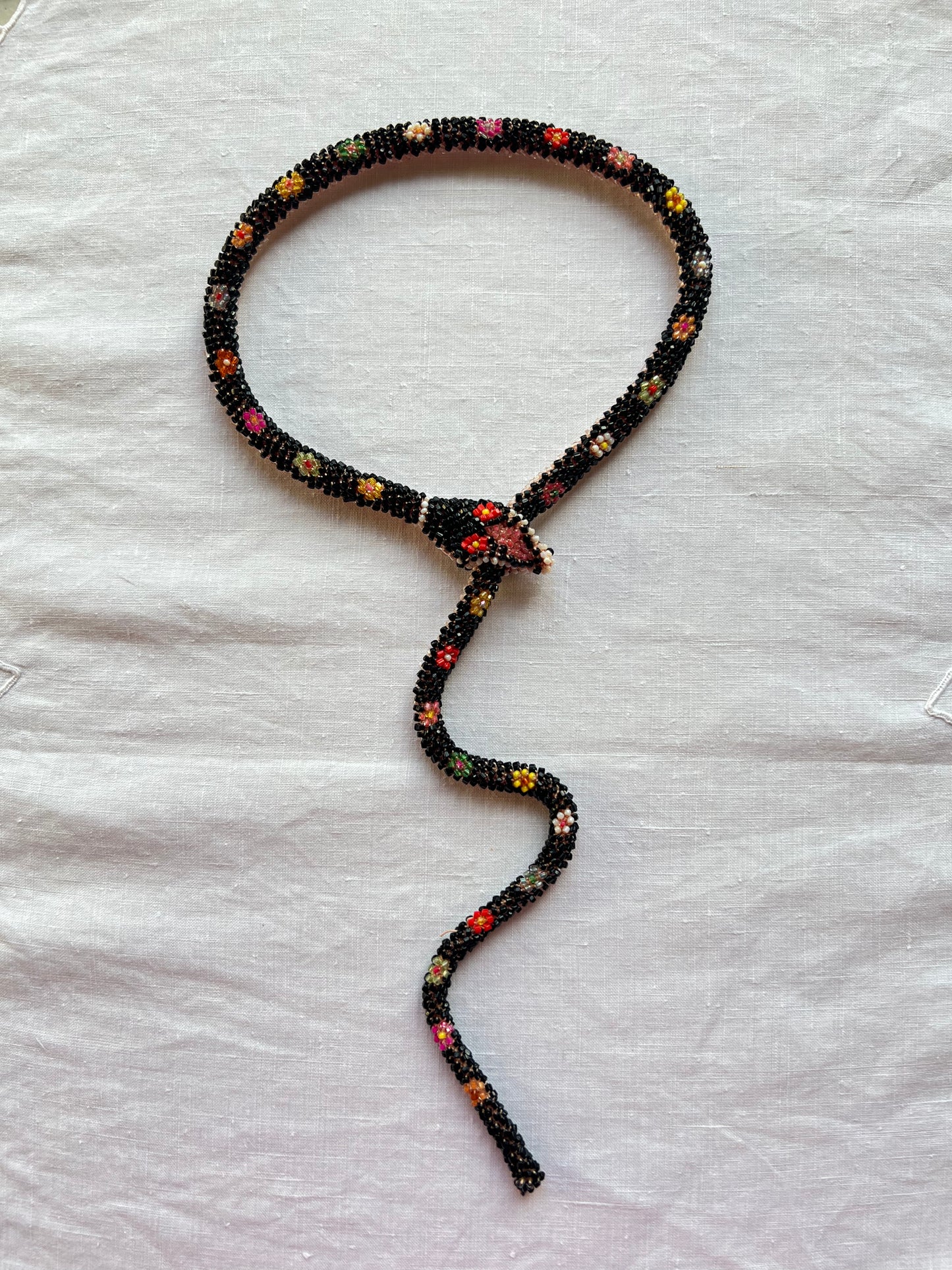 Bead Crochet Snake | Black W/ Multi Color Flowers