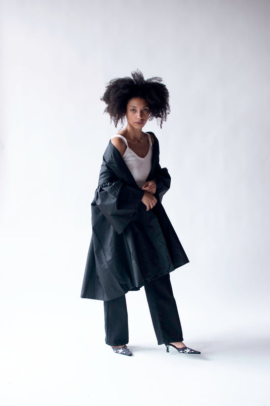 Voluminous Black Taffeta Coat | Victor Costa