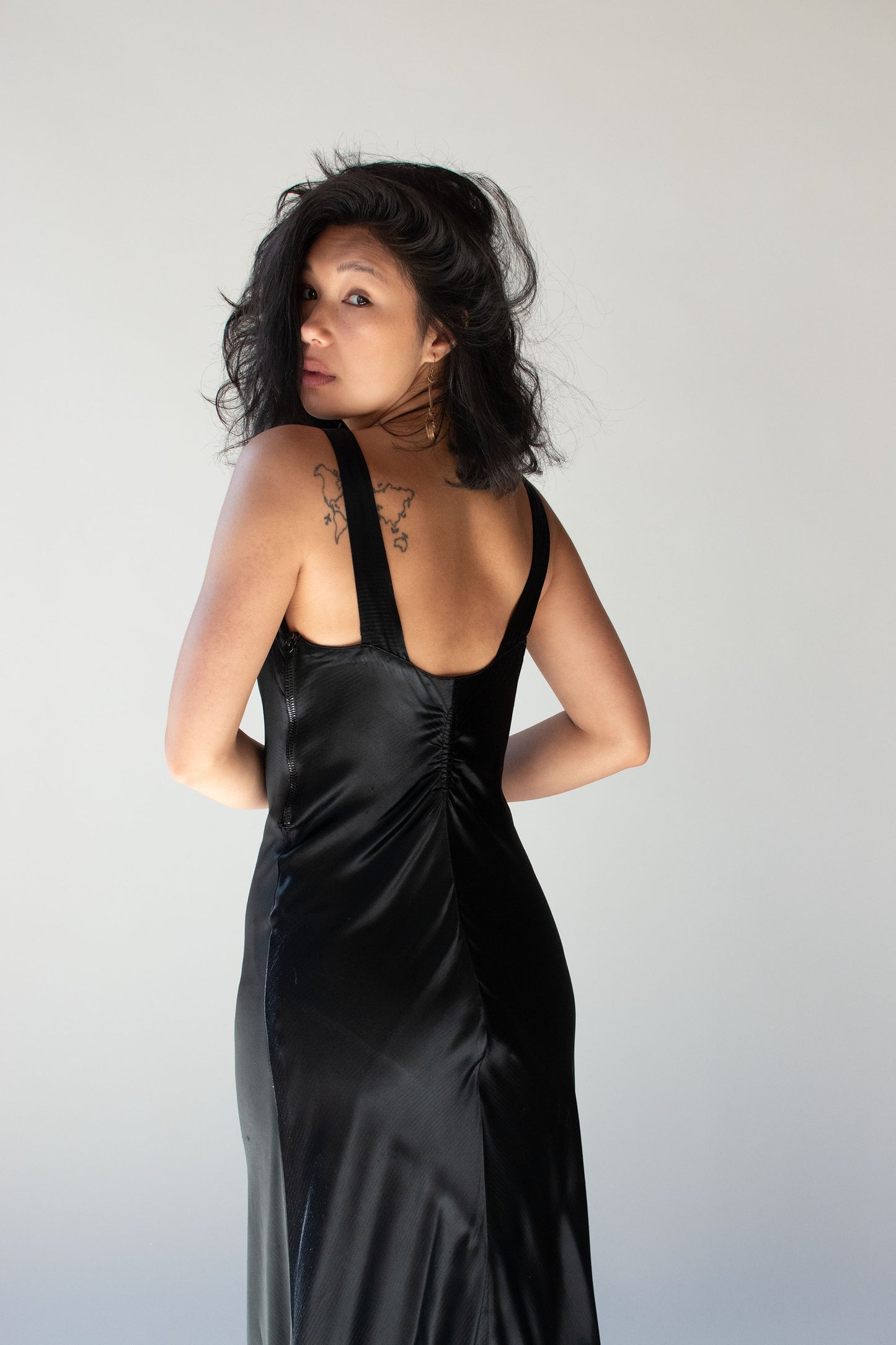 1930s Black Satin Gown with Trapunto applique