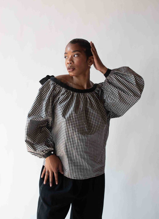 1990s Gingham Silk Balloon sleeve blouse | Isaac Mizrahi