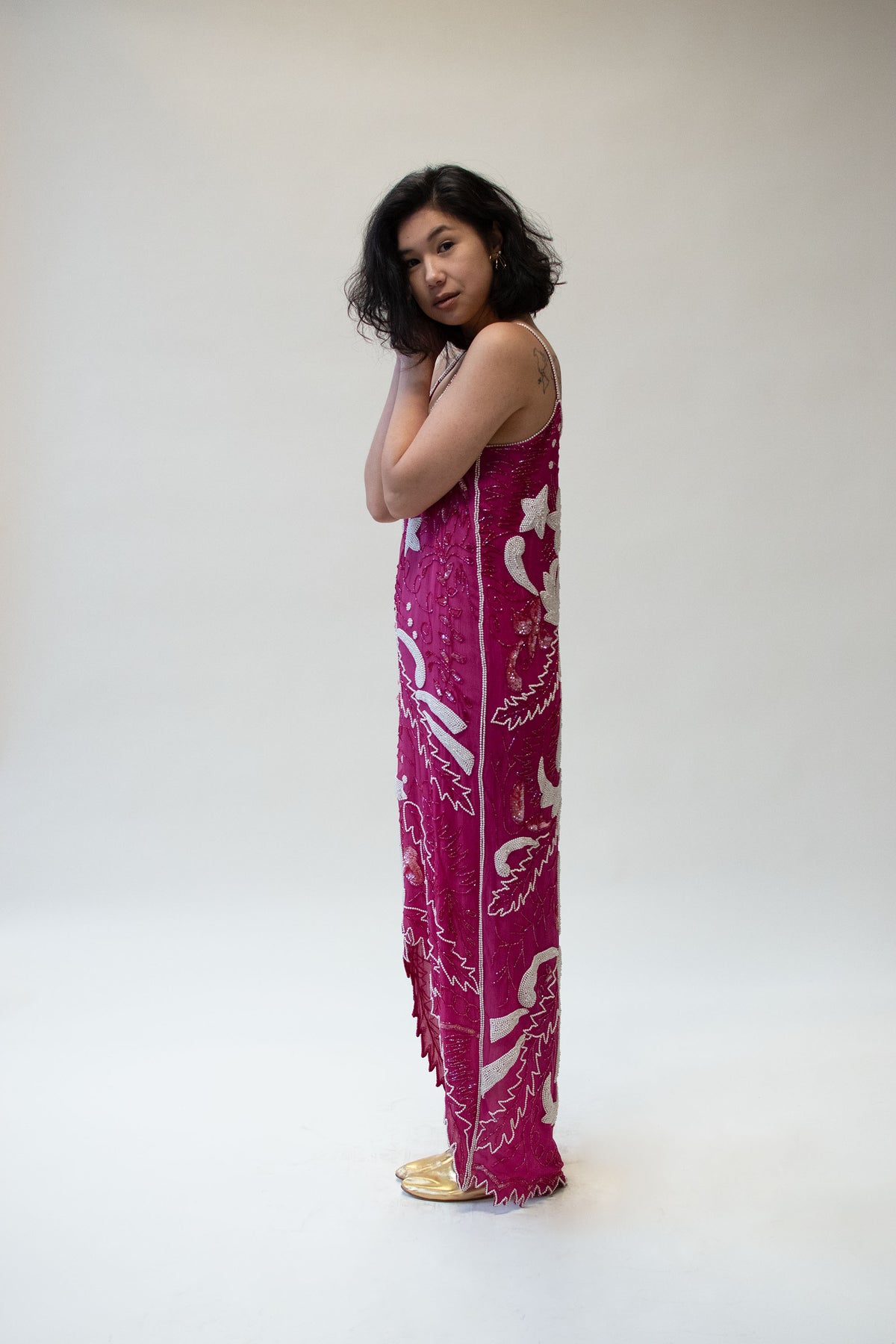 1980s Magenta Beaded Gown