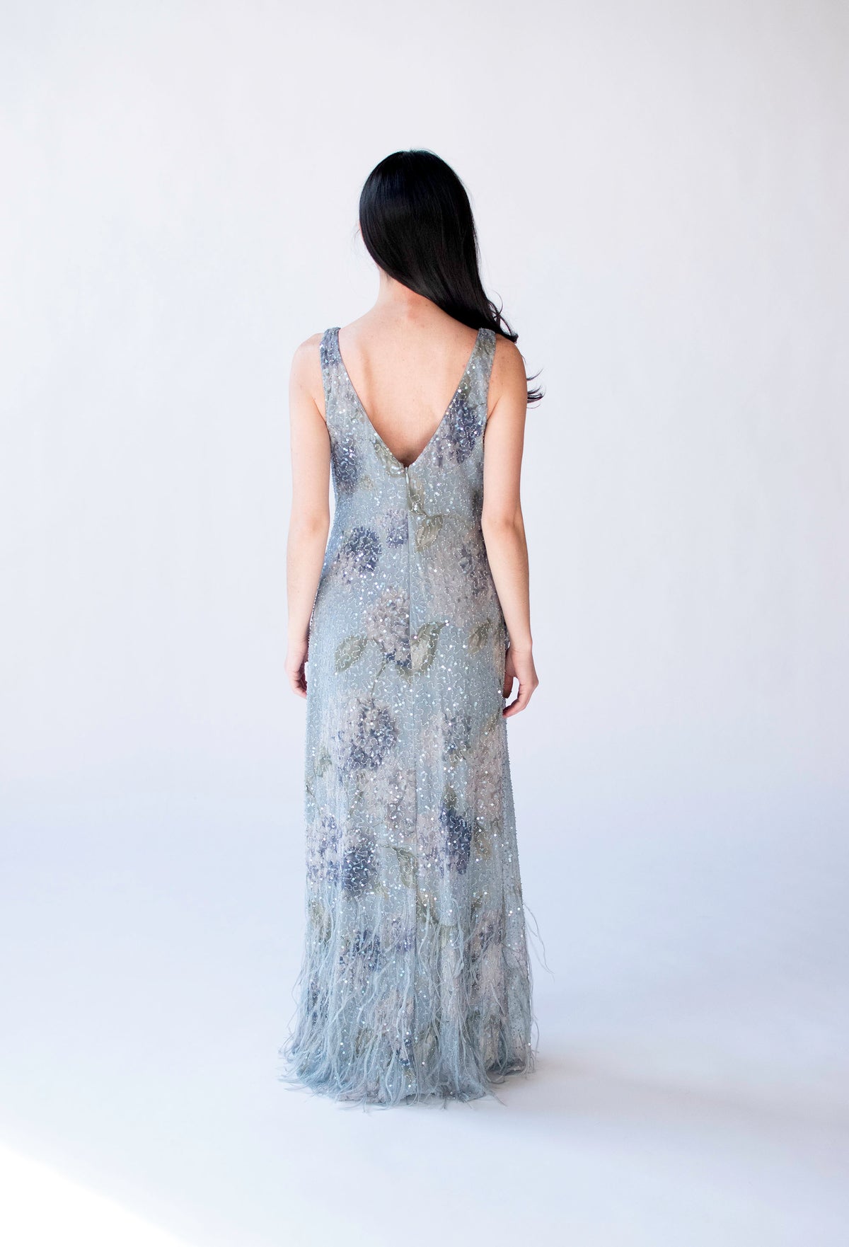 Pale Blue Feather Trim Dress | Rickie Freeman for T.J. Nights